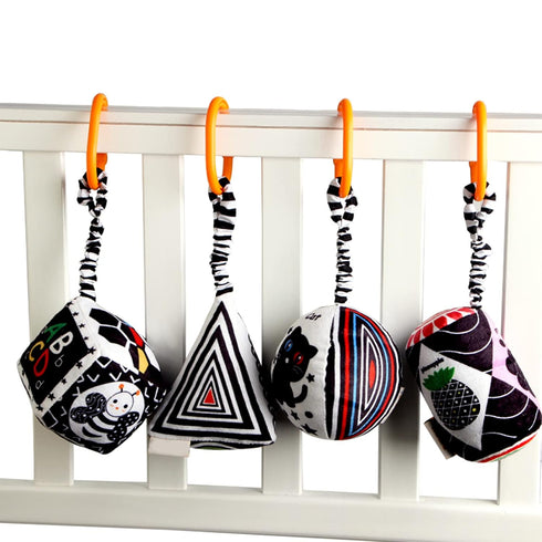 KAKIBLIN Baby Hanging Rattle Toys, 4 Pack Car Seat Stroller Toys Soft Squeaky Toys for Baby 0-6 Months Newborn Infant Car Bed Travel Activity, Whi...