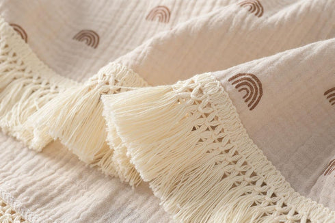 Cotton Baby Muslin Tassles 40"x 47", Baby Receiving Blanket with Fringe, Boho Muslin Swaddle Blanket with Fringe- Earth Rainbow…...