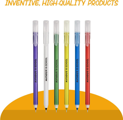 Matador HI-SCHOOL Ballpen, Fine-Point (0.6 mm), Black Ink, 6 different Colorful Bodies, Round Barrel Design, Smooth & Instant Writing, 24 Counts...