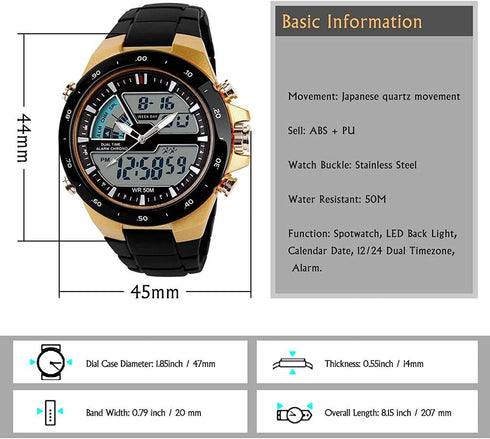 FANMIS Men's Analog Digital 50M Waterproof Sports Watch Military Multifunction Stopwatch Alarm Backlight Gold Watch...