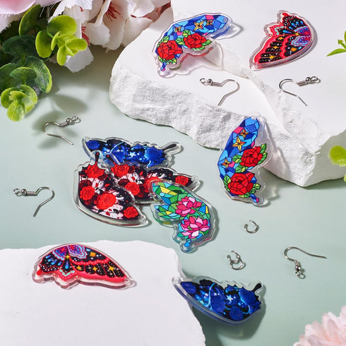 Beadthoven DIY 5 Pairs Rose Butterfly Dangle Earrings Making Kit Retro Flower Printed Acrylic Charms Pendants with Earring Hooks Jump Rings Women ...