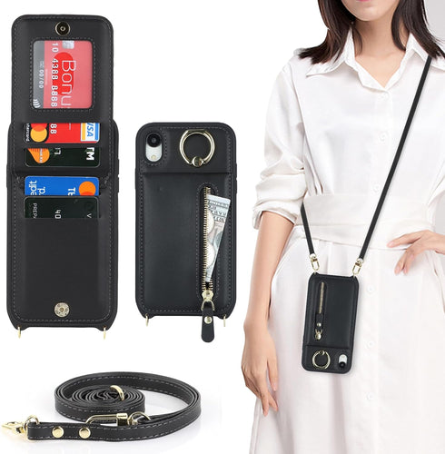 iPhone XR Phone Case with Card Holder for Women, iPhone XR Case Wallet with Strap Credit Card Slots Crossbody with Kickstand Zipper Case for iPhon...