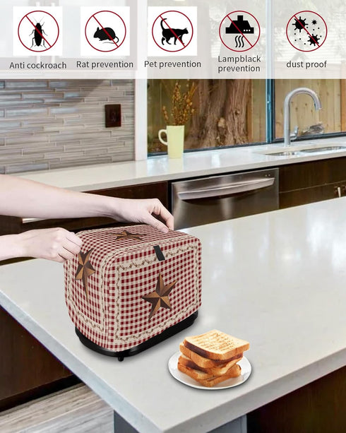 Toaster Dust Cover with Pockets, Rustic Texas Western Star Berries Red Buffalo Plaid Soft Washable 2 Slice Toaster Cover, Dust-proof Cover for Sma...