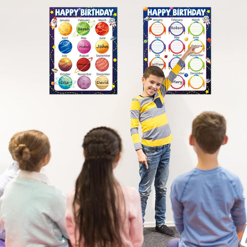 17.7 x 13.7 in Happy Birthday Chart Poster Set Space Calendar Birthday Classroom Decorations Galaxy Birthday Chart Bulletin Board Solar System Bac...