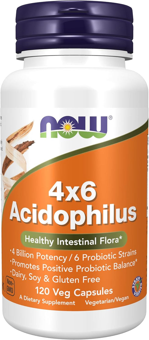 NOW Supplements, Acidophilus 4X6, 4 Billion Potency with 6 Probiotic Strains, Strain Verified, 120 Veg Capsules...