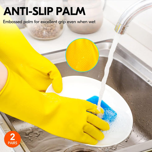 Vgo... 2-Pairs Reusable Household Gloves, Rubber Dishwashing gloves, Extra Thickness, Long Sleeves, Kitchen Cleaning, Working, Painting, Gardening...