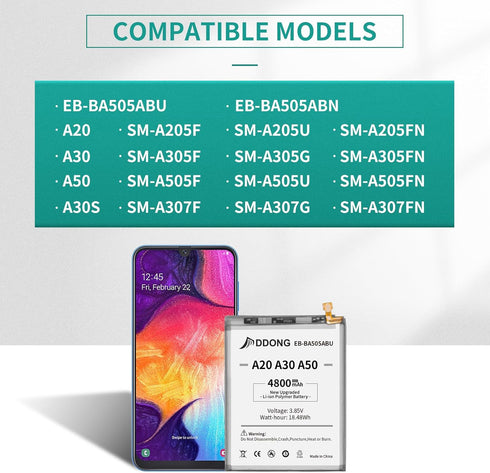 DDONG for Galaxy A20 A30 A50 A30S Battery, EB-BA505ABN EB-BA505ABU Replacement Battery for Samsung Galaxy A20 SM-A205, A30 SM-A305, A50 SM-A505, A...