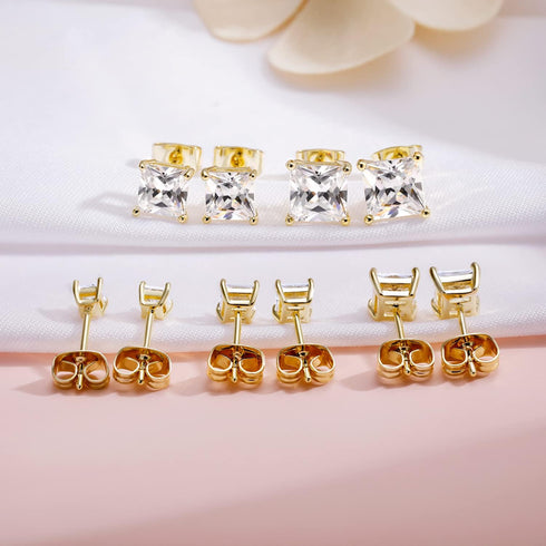 GEMSME 18K Gold Plated Princess Cut Clear Cubic Zirconia Stud Earrings Pack of 5 (gold)...