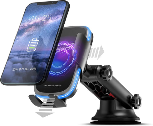 Minuto Wireless Secure Car Charger Mount Holder, 15W Fast Charging, 7.5W for iPhone, Auto-Clamping...