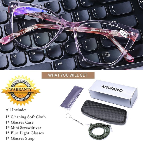 AQWANO Computer Oversized Reading Glasses Women Blue Light Blocking, Vintage Designer Cat Eye Readers Anti Eye Strain Glare UV Ray Eyeglasses, Pin...