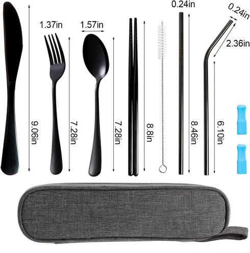Travel Utensils Set with Case Reusable Portable Cutlery Set Stainless Steel 8pcs Including Dinner Knife Fork Spoon Chopsticks straws(Black)...