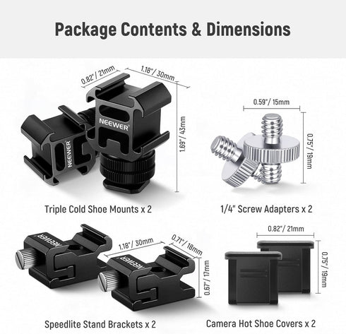 NEEWER 8 PCs Hot Shoe Mount Adapter Kit, Including Triple Cold Shoe Mount, 1/4” Screw Adapter, Flash Stand Bracket, and Hot Shoe Cover for DSLR Ca...
