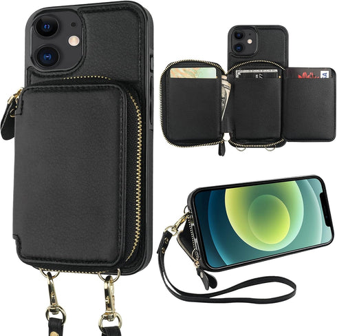 Bocasal RFID Blocking Wallet Case for iPhone 12/12 Pro, Adjustable Crossbody Zipper Purse Case Card Holder with Kickstand Detachable Wrist Strap, ...