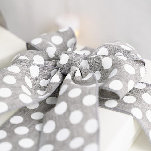 MEEDEE Grey Ribbon with Polka Dots Grey Burlap Ribbon 2.5 Inch Grey and White Ribbon Gray Wired Ribbon for Baby Shower Wreath Farmhouse Decor Door...