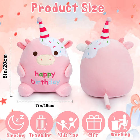 Happy Birthday Plush Toy, 8Inch Cute Cow Plush, Cow Stuffed Animals Soft Birthday Plush, Kawaii Cow Plushie Doll Home Party Decoration Birthday Gi...
