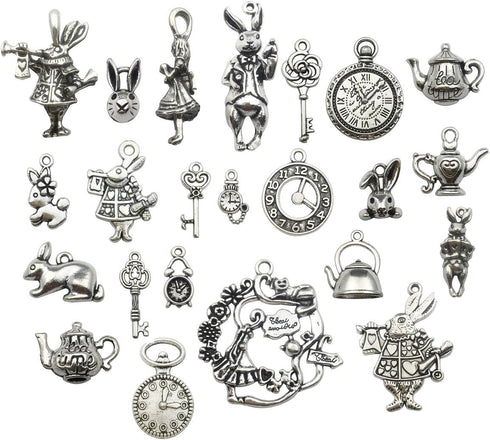 iloveDIYbeads 40pcs Antique Silver Alice in Wonderland Fairy Tales Tea Party Steampunk Victorian Charms for Jewelry Making (M077)...