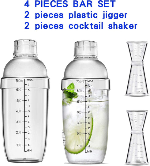 4 pcs Clear Cocktail Shaker Set 2 pcs Plastic bar Shaker with 2 pcs Plastic Cocktail Double Measuring Jigger...