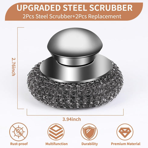 4pcs Steel Wool Scrubber with Replacement Wire Pads Set, Stainless Steel Scrubber with Handle for Scouring Stubborn Messes from Cast Iron, Pots, P...