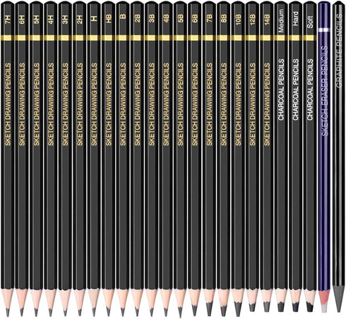Sketching Pencil Set - 24 Pieces Drawing Sketch Pencil HB,B,2B,3B,4B,5B,6B,7B,8B,10B,12B,14B,H,2H,3H,4H,5H,6H,7H, Includes Charcoal, Eraser, Graph...