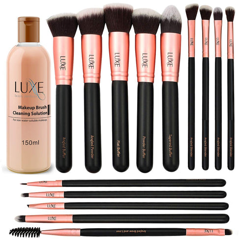 Luxe Premium Makeup Brushes Set for Face and Eye - Synthetic Brushes for Foundation, Powder, Blush, Eyeshadow - Brush Cleaning Solution Included -...