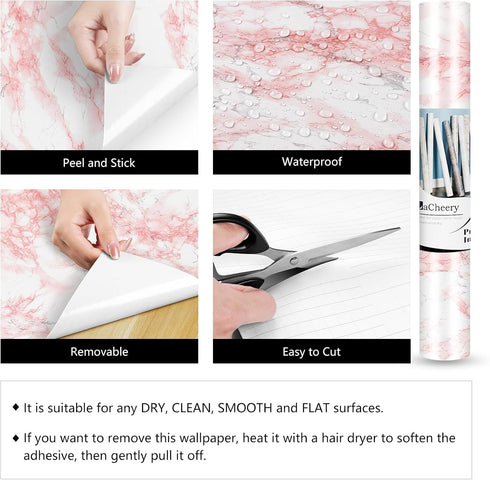 LACHEERY Marble Contact Paper Pink White Marble Peel and Stick Countertop Contact Paper for Countertops Waterproof Marble Wallpaper for Walls Bath...