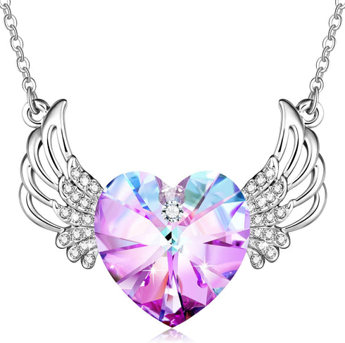 PLATO H Angel Wing Heart Crystals Necklace for Women Guardian Angel Pendant with Dainty Jewelry Box Mothers Christmas Gifts...