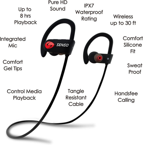 Senso Bluetooth Headphones, Best Wireless Sports Earbuds w/Mic IPX7 Waterproof HD Stereo Sweatproof Earphones for Gym Running Workout Noise Cancel...