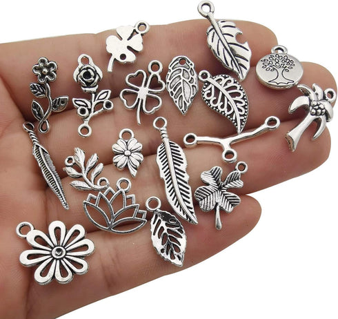 Youdiyla 100pcs Mix Silver Tree Flower Charms Collection, Bulk Mini Small Little Charms Metal Pendant Craft Supplies Findings for Necklace and Bra...