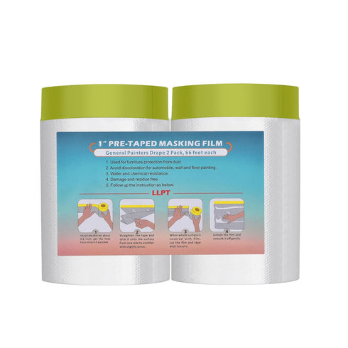 LLPT Tape and Drape 35.4”(Unfolded) x 66 Ft Each 2 Pack Pre-Taped Masking Film 2.4 Mil Painters Plastic Drop Cloth for Auto Wall Furniture Paintin...