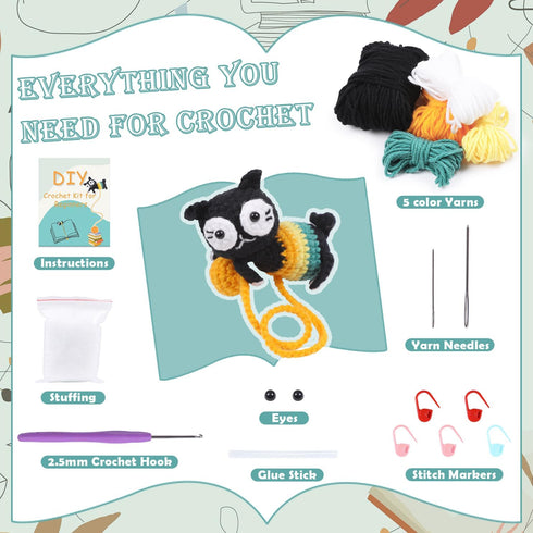 Nuberlic Crochet Kit for Beginners Kid Adult, Cute Animals Knitting Kit, Black Cat Bookmark Crochet Kit, Include Yarns, Hook, Accessories, Video I...
