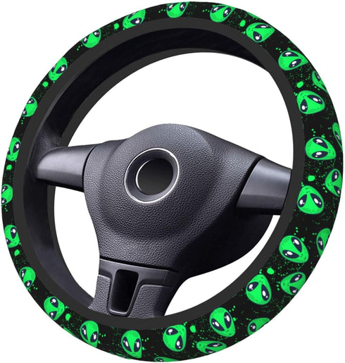 Cool Green Novelty Alien Steering Wheel Cover for Women Men Girls Car Accessories Decor Anti-Slip Neoprene Auto Steering Wheel Covers Protector Un...