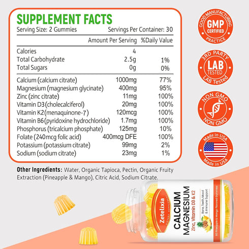 Sugar Free Calcium Gummies for Women Men, Calcium Magnesium Zinc with Vitamin D3 & K2, Calcium Magnesium Supplement for Bones Muscles and Joints, ...