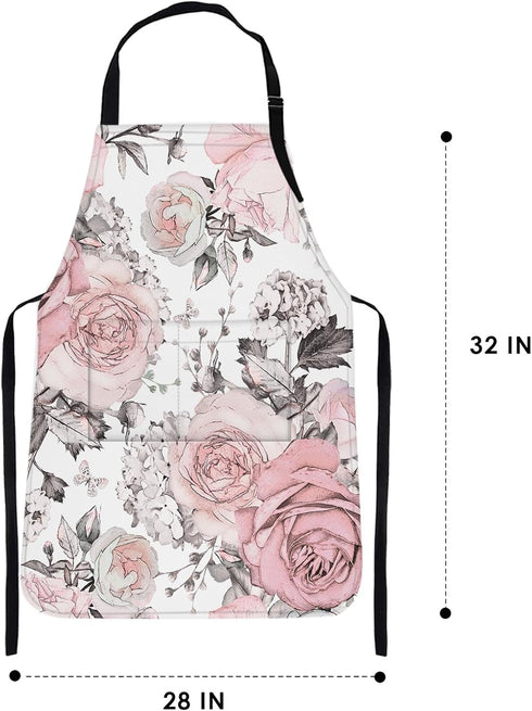 Britimes Apron Home Kitchen Cooking Baking Gardening for Women Men with Pockets Pink Flowers Leaves Watercolor Floral 32x28 inch...