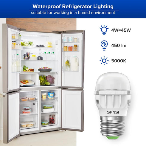 SANSI LED Refrigerator Light Bulb 45W Equivalent, 5000K Daylight White 450 Lumen 4W Appliance Light Bulb A11 Small LED Light Bulb, E26 Freezer Hom...