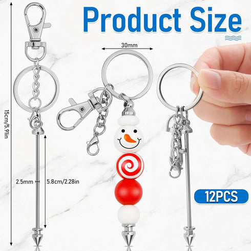 12 Pcs Beadable Keychain Bar, Silver Bead Keychain Beaded Keychain for Pendant DIY, Alloy Blank Keychain Accessories Bulk for Keychain Making Supp...