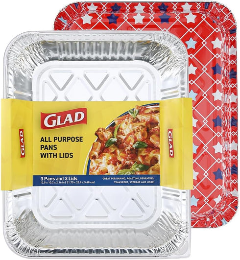 Glad Disposable Aluminum All Purpose Pans in Red, White & Blue Stars, 3ct with Lids - Printed Colorful Foil Steam Pans - 12.5” x 10.2” x 2.16” Alu...