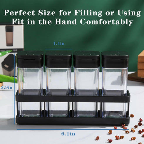 Spice Shakers with Rack,4 Set Small Spice Containers with Adjustable Pour Dual Holes,Sliding Open Organizer Containers with Cotton Brush,Clear Spi...