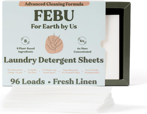 FEBU Eco Friendly Laundry Detergent Sheets | 96 Loads, Fresh Linen | 6x More Cleaning Power With Only 8 Plant-Based Ingredients | Hypoallergenic L...