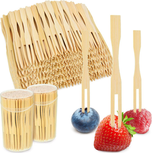 Jovitec 220 Pcs Mini Bamboo Forks 3.5 Inch Appetizer Cocktail Forks Bulk disposable Wood Toothpicks Double Prong Charcuterie Picks for Birthday Pa...