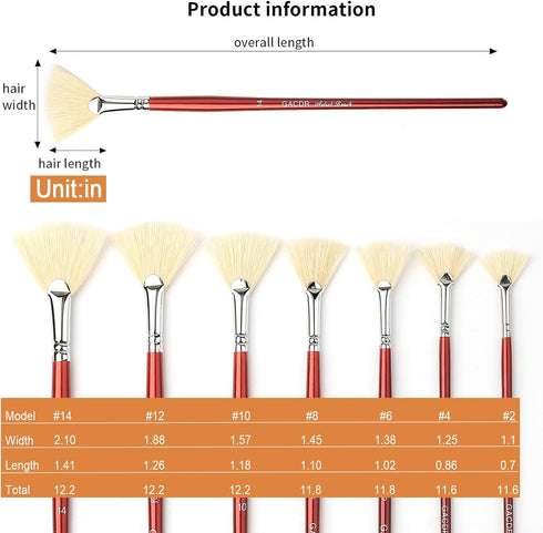 Fan Brush for Painting, 7 Pieces Fan Brush Set with Hog Bristle Natural Hair and Long Wood Handle, Professional Artist Fan Brushes for Acrylic Pai...