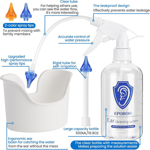 Ear Wax Removal Kit- Safe & Effective Ear Wash Kit w/ 500ml Ear Bottle, Comfortable 20 Reusable Tips, Big Basin & Drying Bulb - Easy to Use Ear Cl...