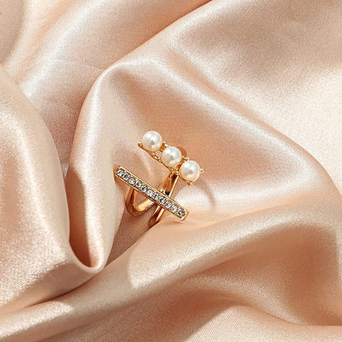 Vintage CZ Tiny Bar Pearl Open Band Ring for Women Girls Gold Plated Cubic Zirconia Statement Adjustable Expandable Imitation Pearls Finger Rings ...