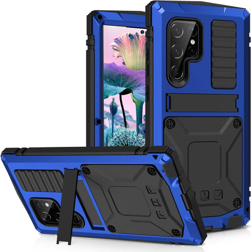 Samsung S23 Ultra Metal Bumper Silicone Case Samsung S23 Ultra Case with Stand Built-in Screen Protector Gorilla Glass Hybrid Military Shockproof ...