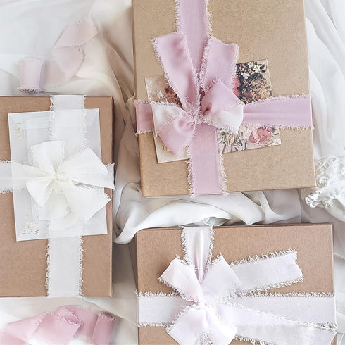 4 Rolls Pink Chiffon Ribbon 1.5" X 6.5Yd Pink & Cream Fringe Chiffon Wedding Silk Handmade Ribbon for Bridal Bouquets Wedding Invitations DIY Deco...