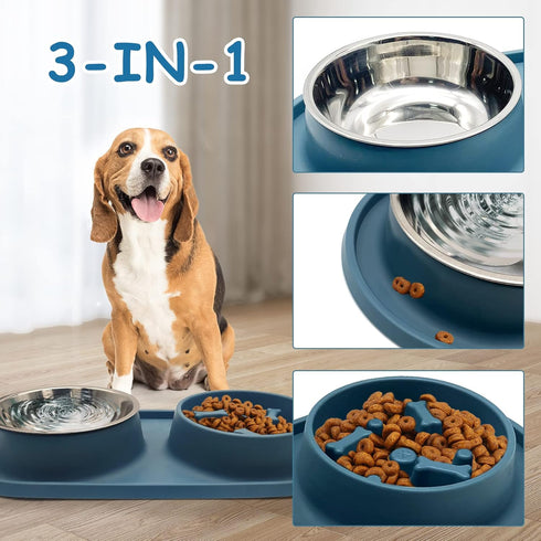 BNOSDM Slow Feeder Dog Bowls Double Puppy Slow Feeder No Spill Non-Skid Silicone Mat Dry Food Slow Eating Bowl Removable Stainless Steel Pet Bowls...