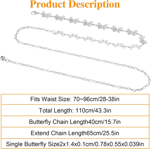 Women Butterfly Waist Chain Belt, Metal Rhinestones Waist Belts Women Dress Belts Body link Chain Belt for Girl Women...