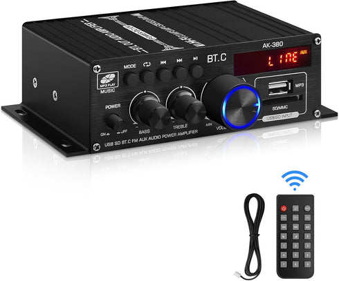 Bluetooth 5.0 Audio Power Amplifier AK-380 400W+400W 2.0 CH HiFi Stereo Amp Receiver with USB,SD,AUX,Remote Control,FM Antenna for Car Home Speake...