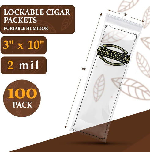 Clear Printed Fine Cigars Cigar Bags Plastic, 3 x 10 Inches. 100 Pack Reclosable Zipper Bags for Cigars. Polyethylene Cigar Travel Bag, 2 Mil. Sma...