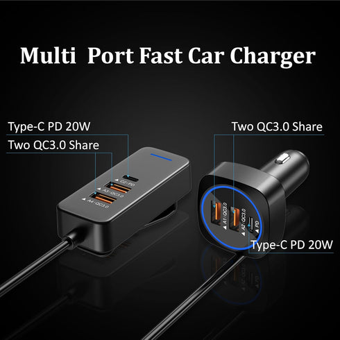 Car USB Charger Multi Port with 5.9FT Extension, QC3.0 76W Fast Charging Cigarette Lighter USB C Charger Adapter Multiple Ports for Mobile Phones ...