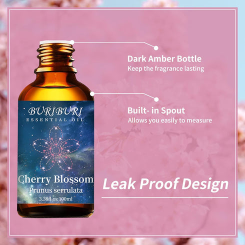 BURIBURI Cherry Blossom Essential Oil for Aromatherapy Diffuser, Skin, 100% Pure Cherry Blossom Oil 100ML for Candle, Soap, Perfume Making Cherry ...